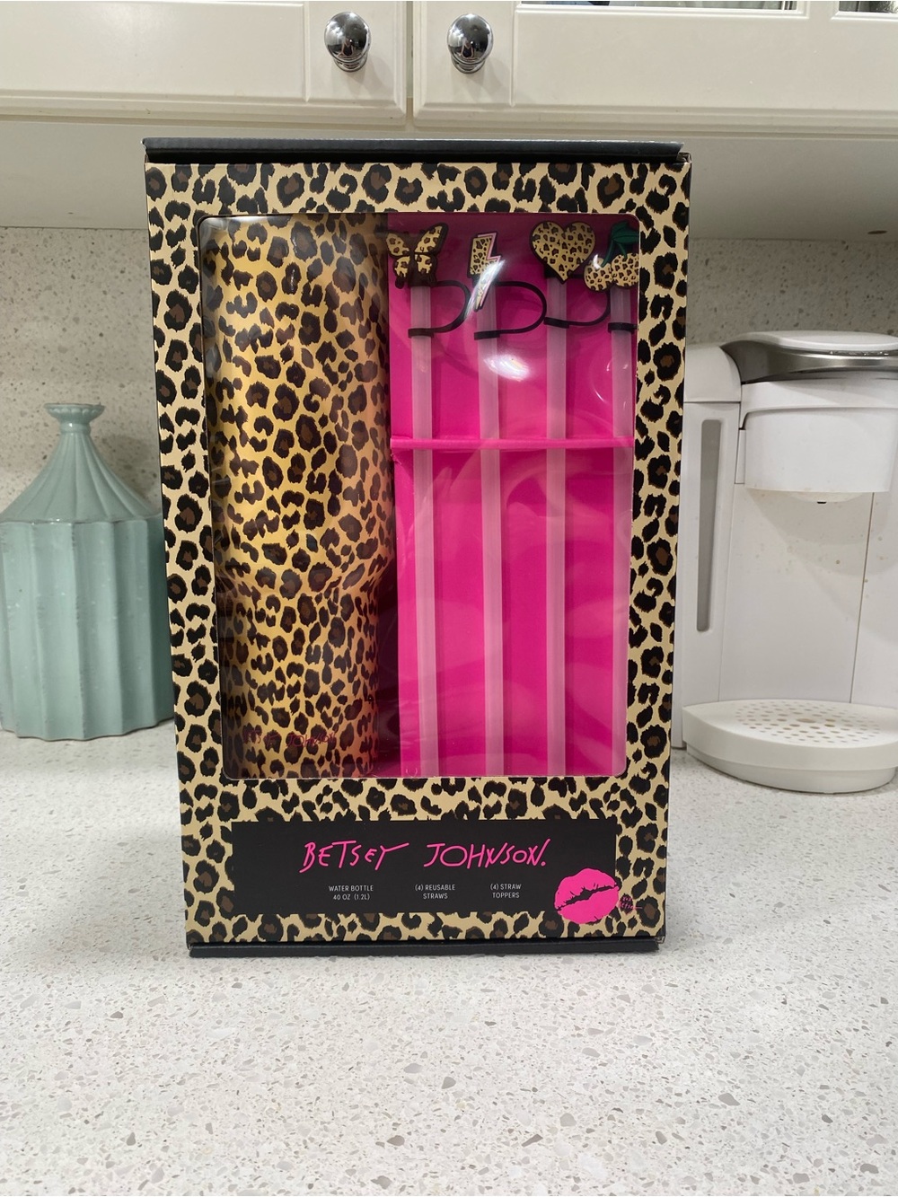 Betsey Johnson Leopard Water Bottle with Straws